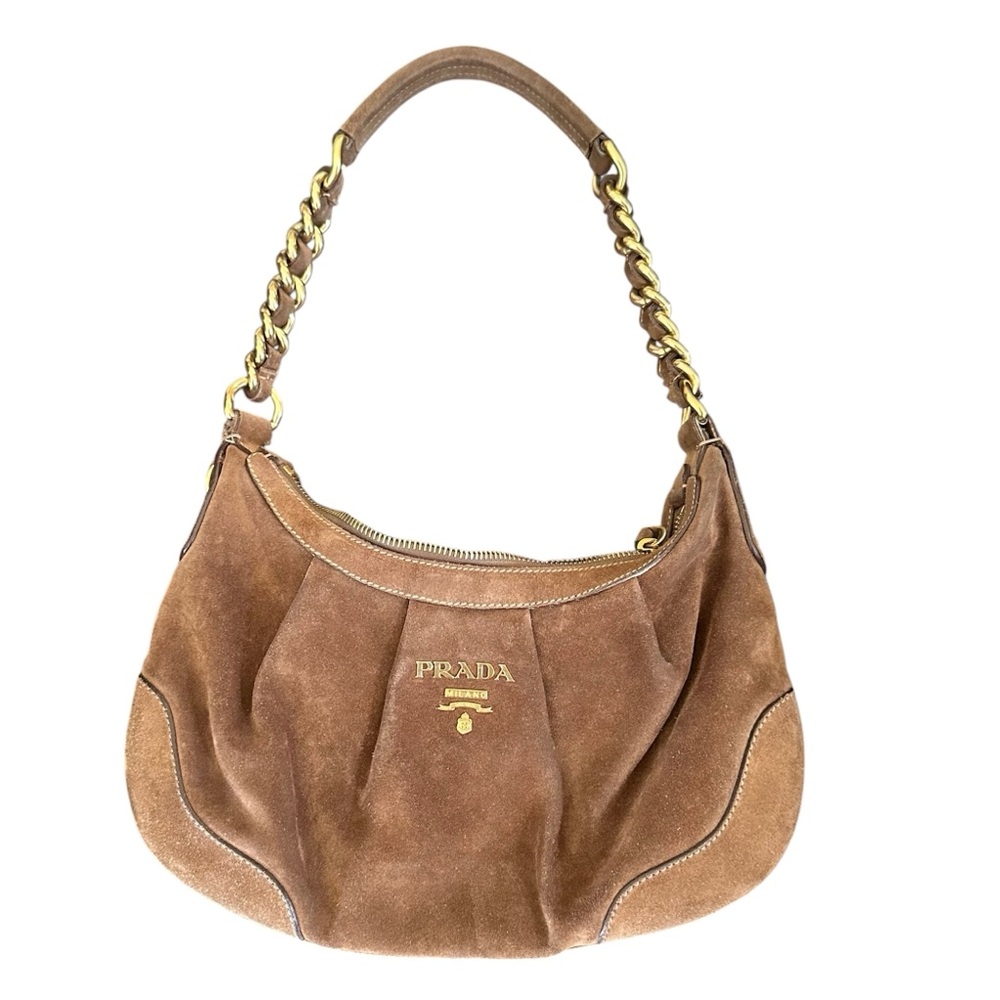 Prada Brown Suede Shoulder Bag with Gold Chain